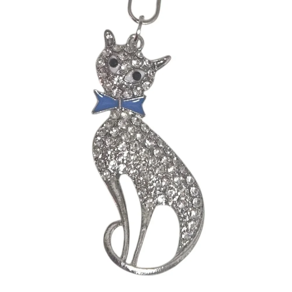Rhinestone Cat Keychain Purse Charm, Cute Kitty Keyring, Blue Bow‎ Gift, Silver